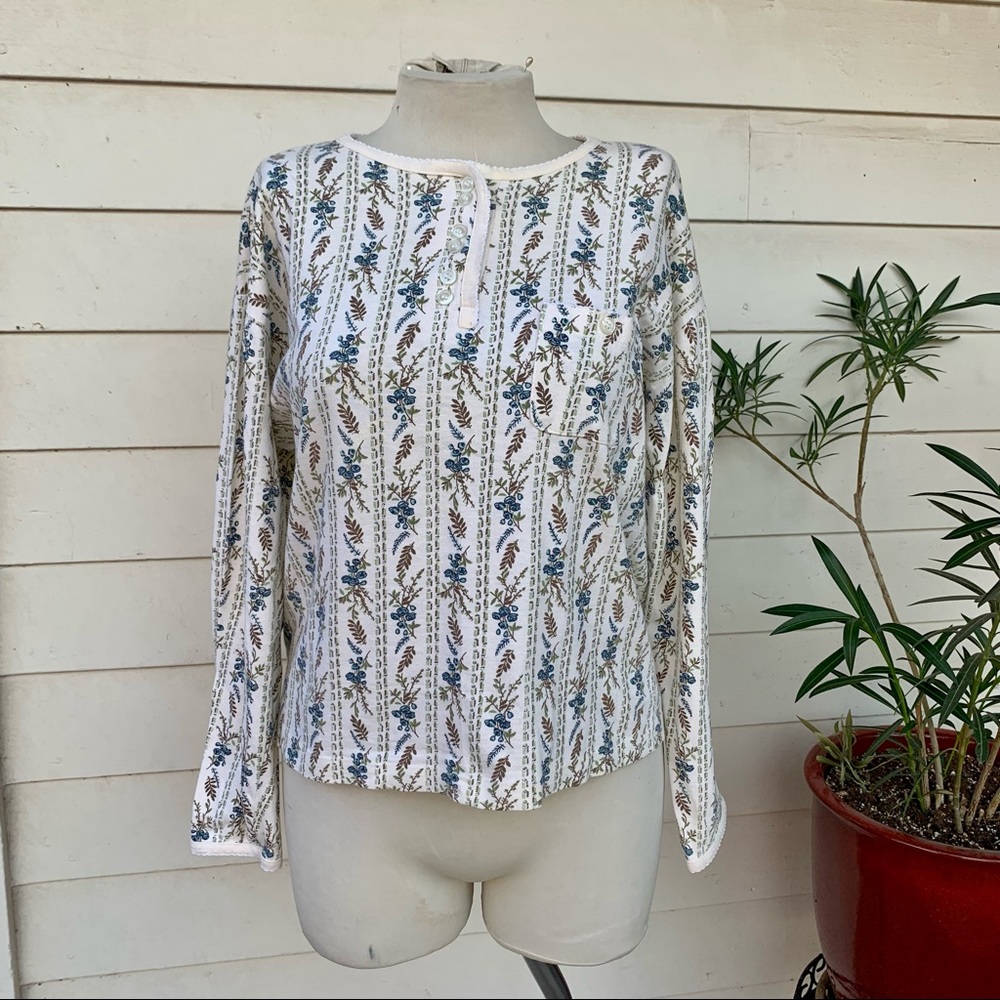 Vintage 90s Floral Thermal Henley Long Sleeve Shirt Top Button Soft Cute Croquet - Picture 1 of 8